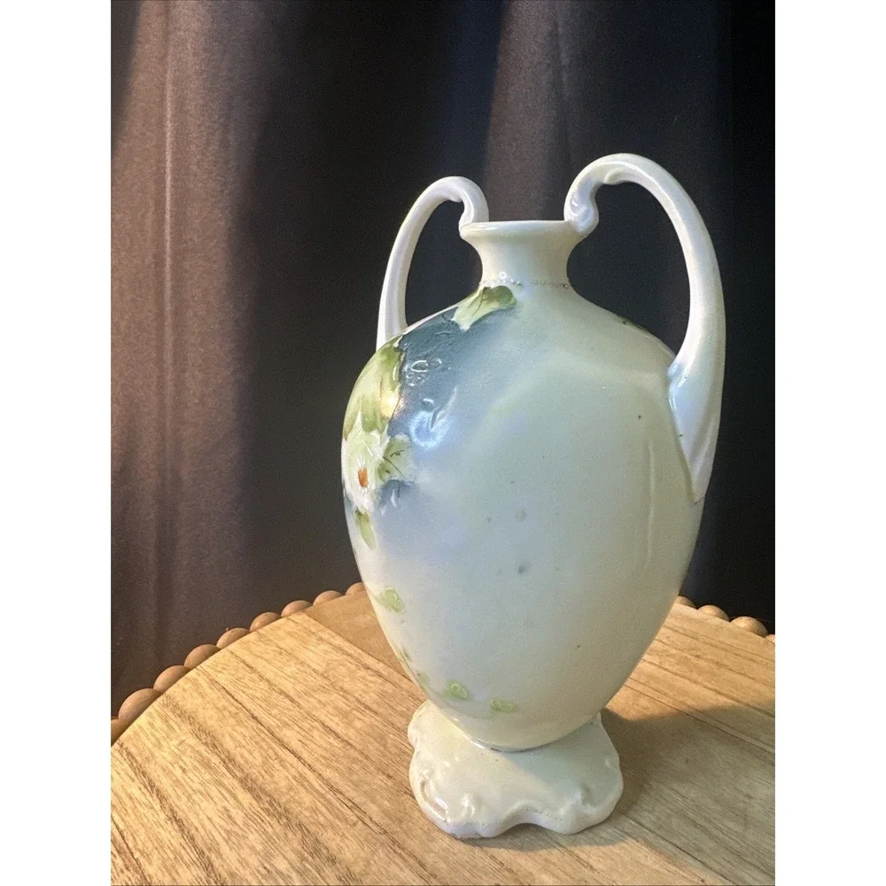 Nippon Double Handle Vase Blue Green yellow Flowers Antique